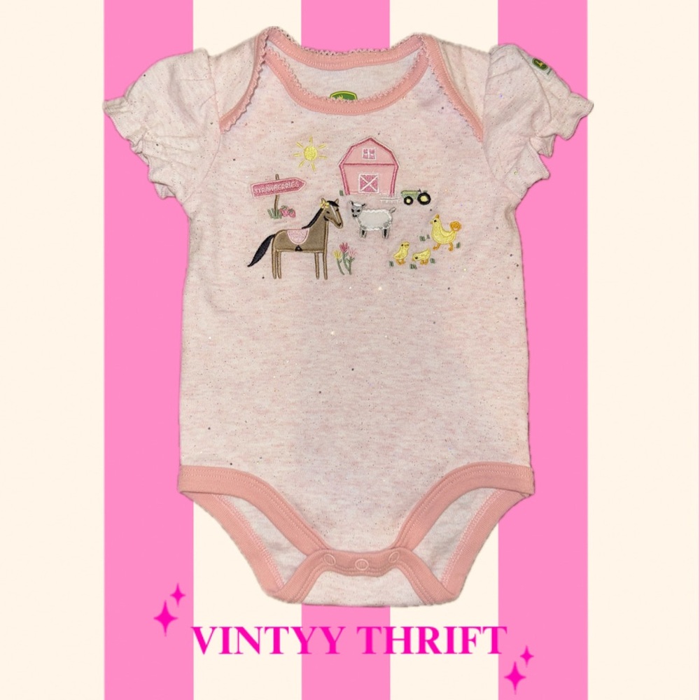 John Deere Pink Sparkle Farm Animal Baby Girl Onesie, 3-6 Months